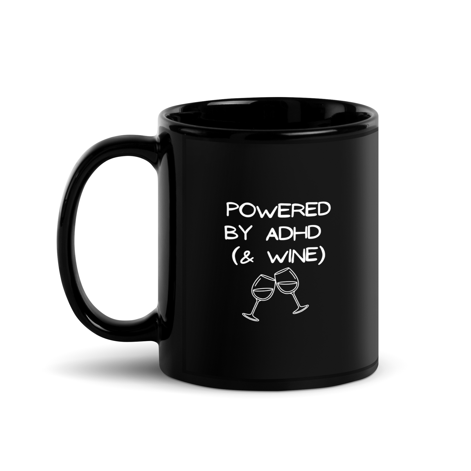 Powered by ADHD (& Wine) | Black Glossy Mug | The Neurospicy Store 11 oz