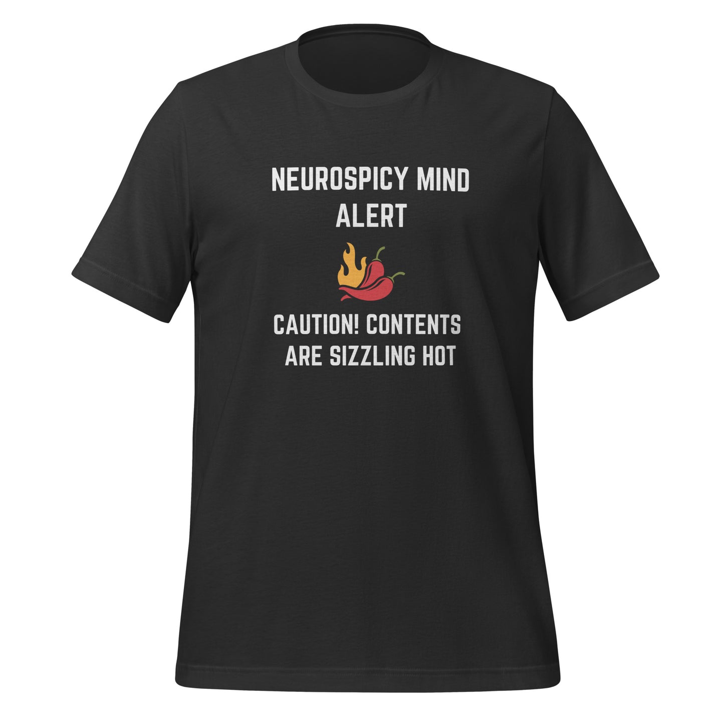 Neurospicy Mind Alert, Caution Content Are Sizzling Hot | T-Shirt | The Neurospicy Store Dark Grey
