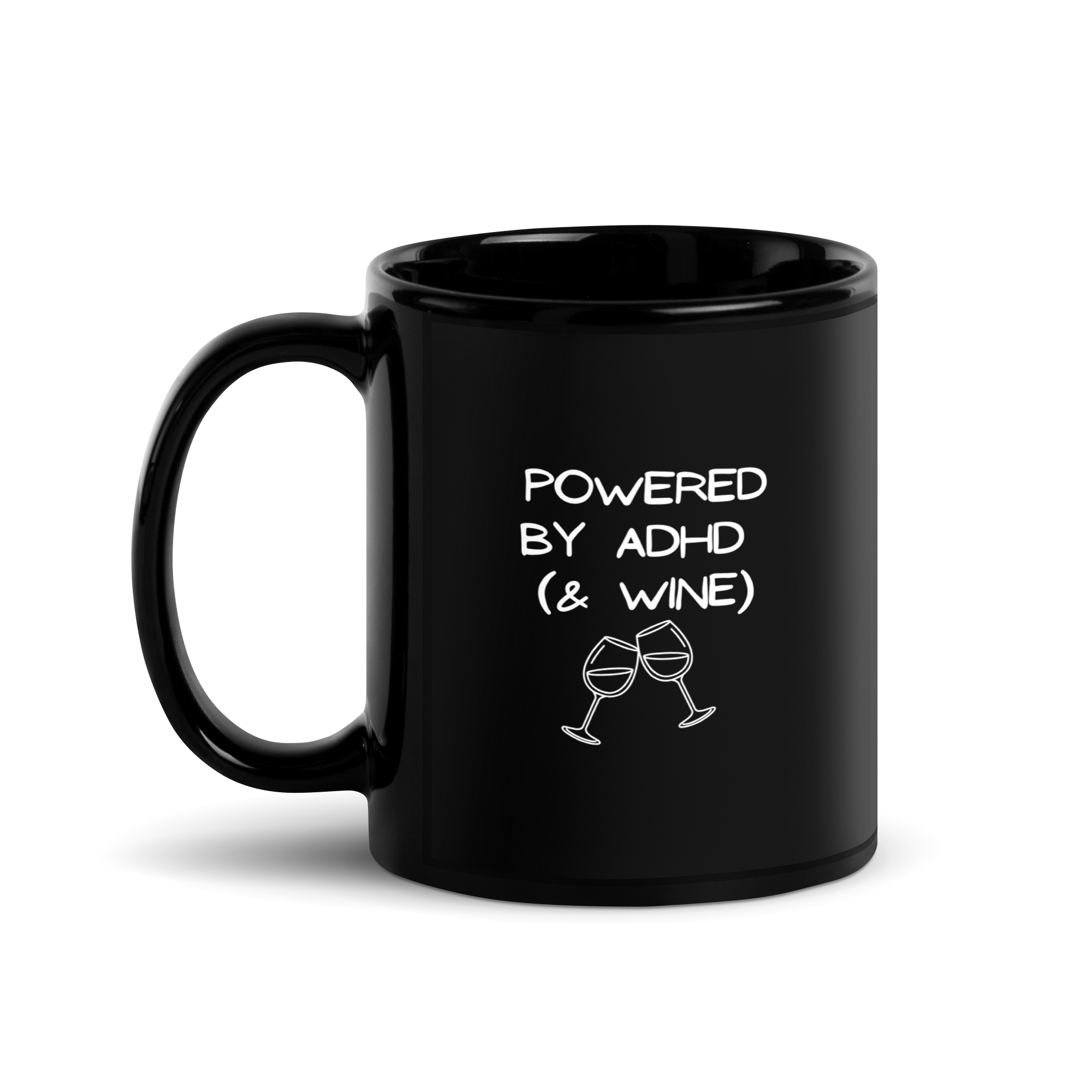 Powered by ADHD (& Wine) | Black Glossy Mug | The Neurospicy Store 11 oz