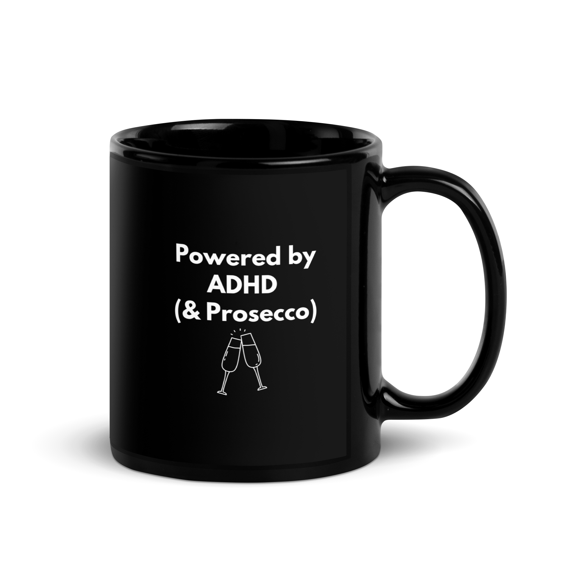 Powered by ADHD (& Prosecco) | Black Glossy Mug | The Neurospicy Store