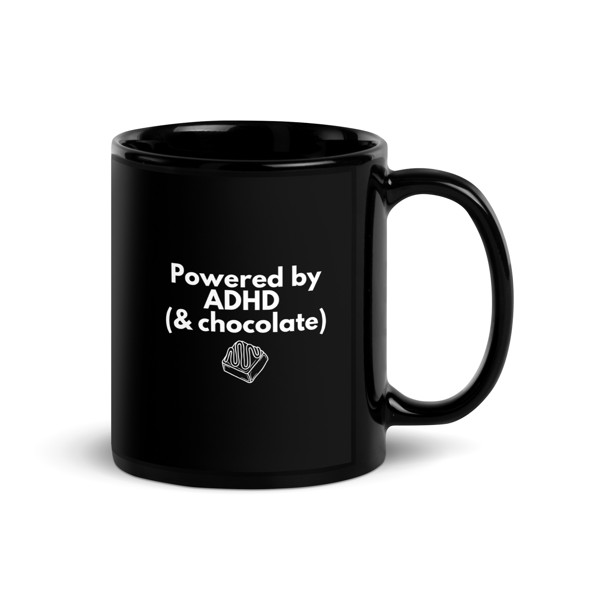 Powered by ADHD (& Chocolate) | Black Glossy Mug | The Neurospicy Store
