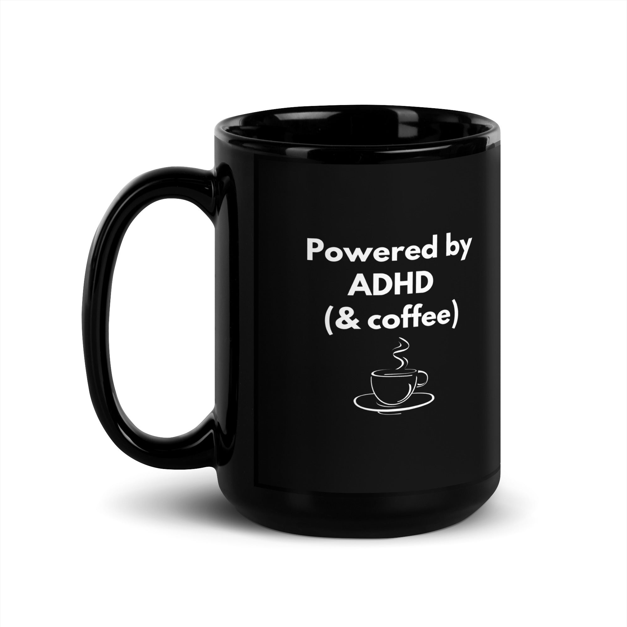 Powered by ADHD (& Coffee) | Black Glossy Mug | The Neurospicy Store 15 oz