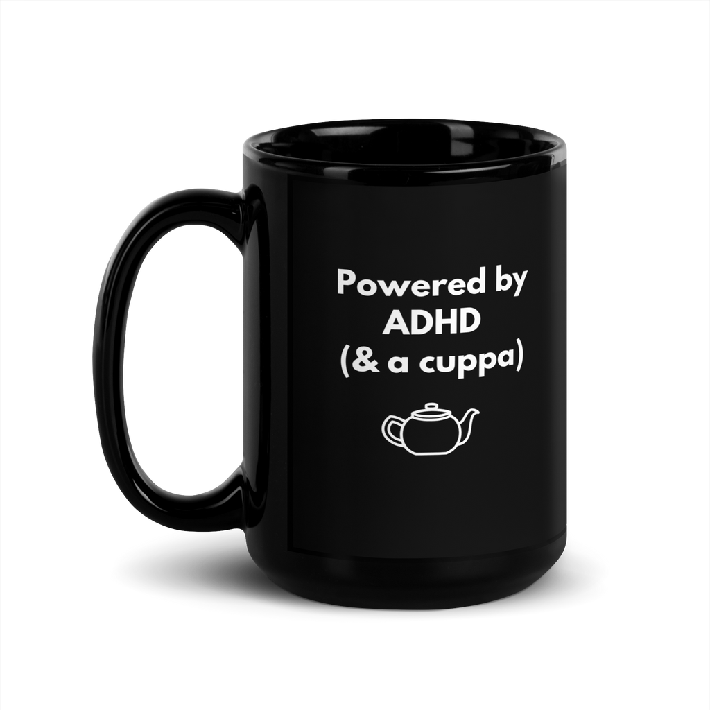 Powered by ADHD (& Cuppa) | Black Glossy Mug | The Neurospicy Store 15 oz