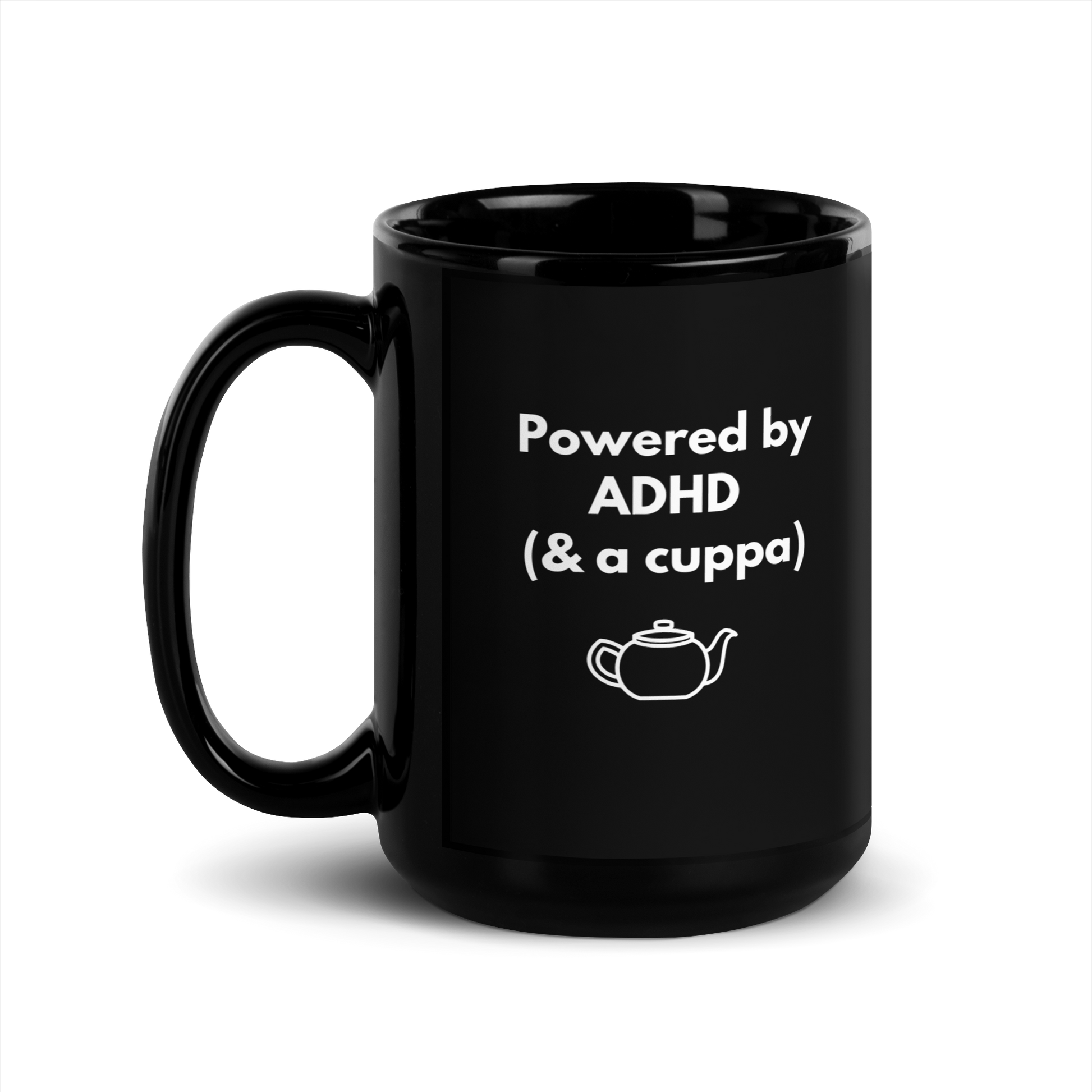 Powered by ADHD (& Cuppa) | Black Glossy Mug | The Neurospicy Store 15 oz