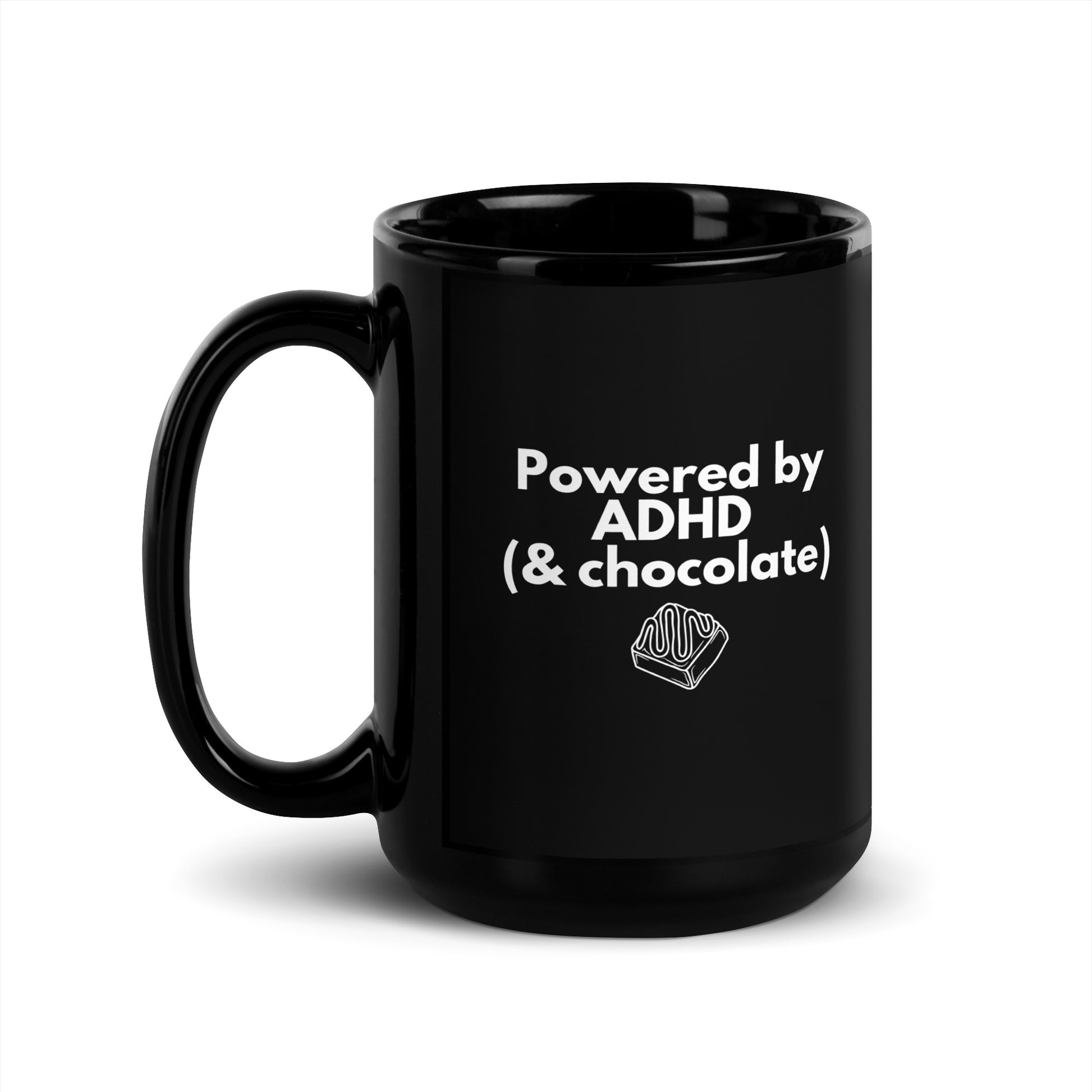 Powered by ADHD (& Chocolate) | Black Glossy Mug | The Neurospicy Store 15 oz