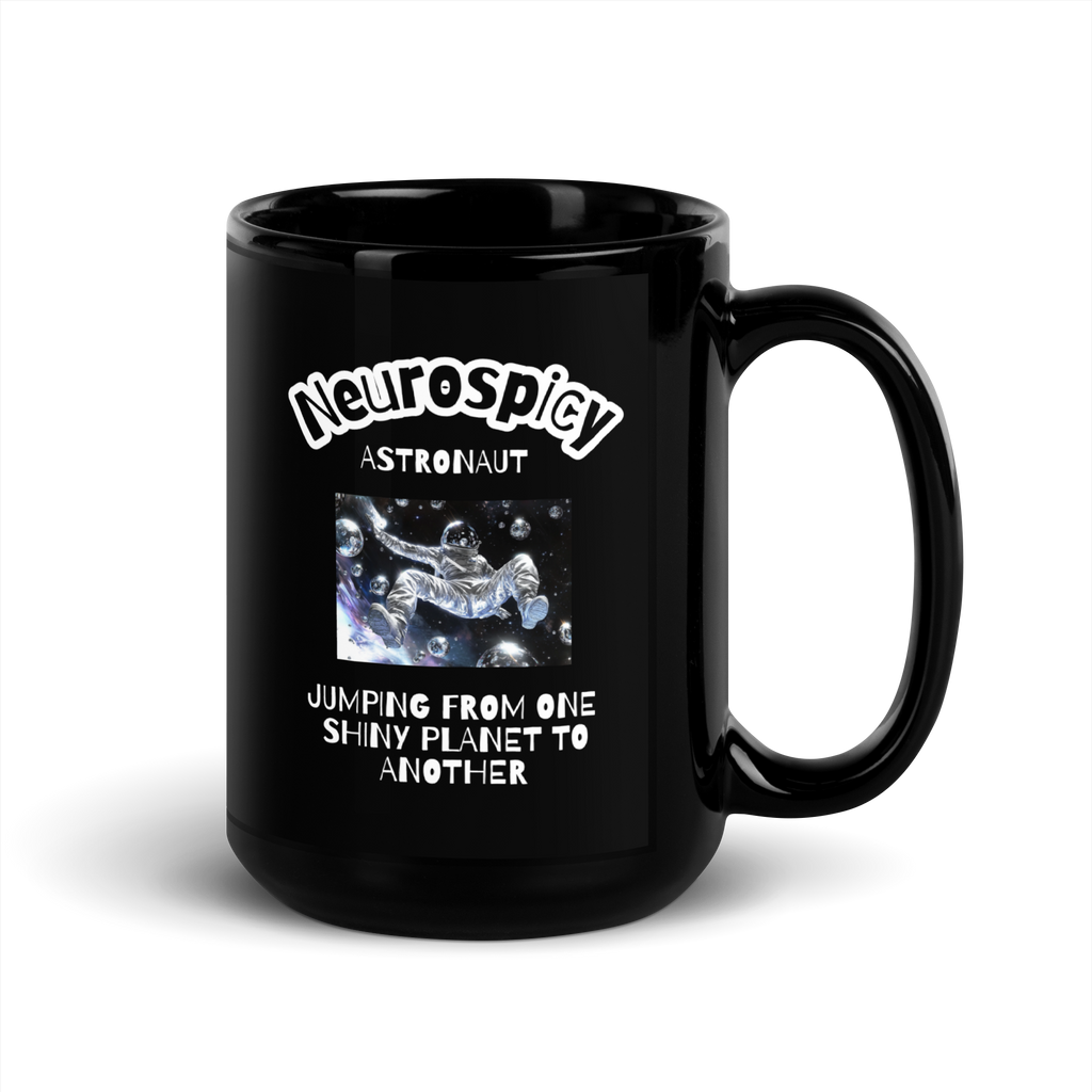 Neurospicy Astronaut Jumping From One Shiny Planet To Another | Black Glossy Mug | The Neurospicy Store