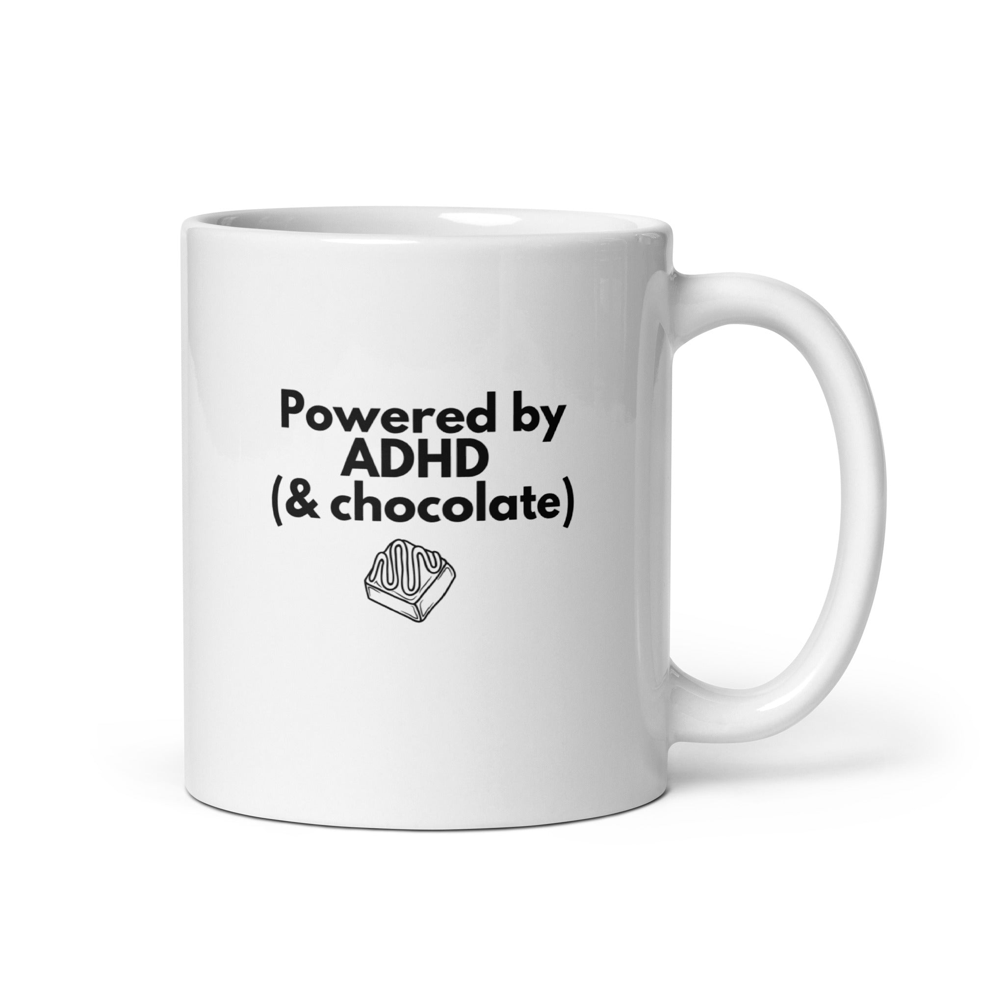 Powered by ADHD (& Chocolate) | White Glossy Mug | The Neurospicy Store 11 oz