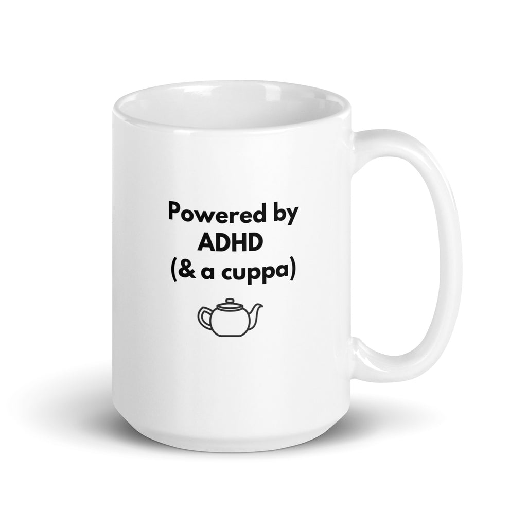 Powered by ADHD (& Cuppa) | White Glossy Mug | The Neurospicy Store 15 oz