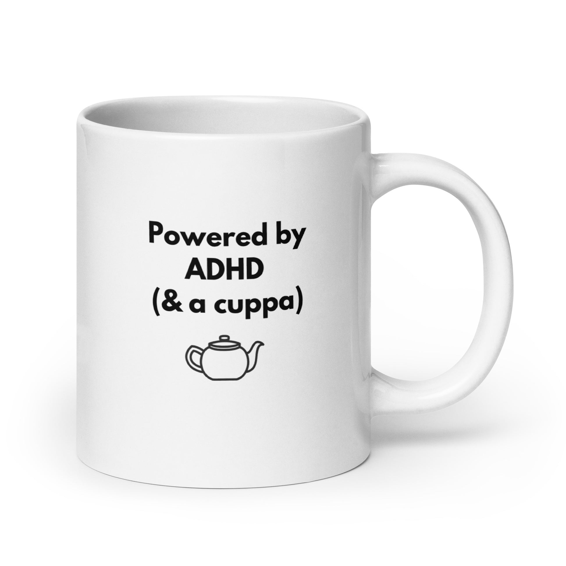 Powered by ADHD (& Cuppa) | White Glossy Mug | The Neurospicy Store 20 oz