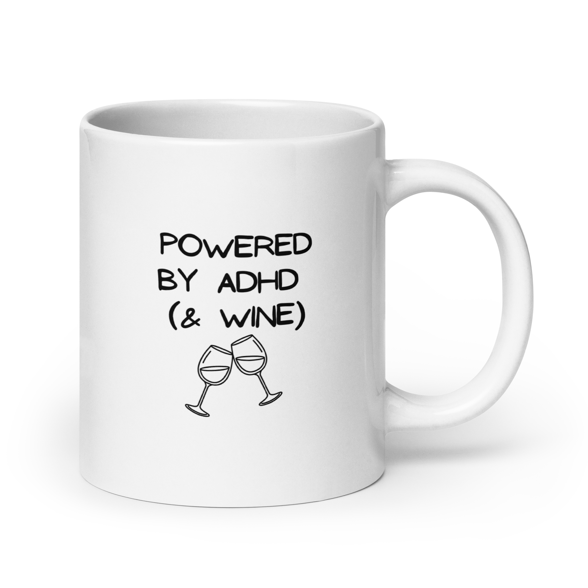 Powered by ADHD (& Wine) | White Glossy Mug | The Neurospicy Store 20 oz